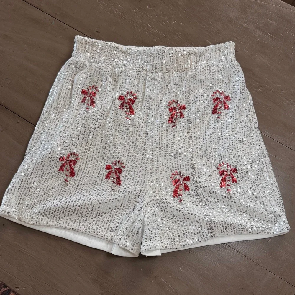 Silver Sequin Christmas Candy Cane Shorts Red Bow Holiday Glam M